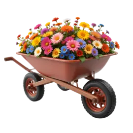 a wheelbar with flowers in it