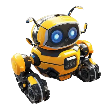 a yellow and black robot with blue eyes