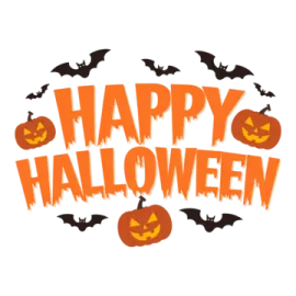 a happy halloween sign with bats and pumpkins