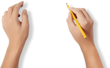 two hands holding a pencil and writing on a white board