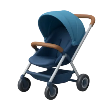 a blue stroller with a wooden handle