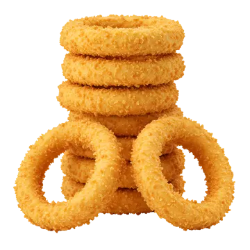 a stack of onion rings on a white background