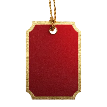 a red and gold tag on a white background