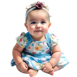a baby sitting on the floor wearing a blue dress
