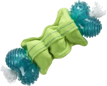 a green and white dog toy with a blue bow