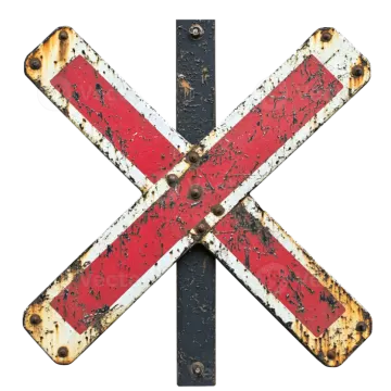 an old red and white railroad crossing sign