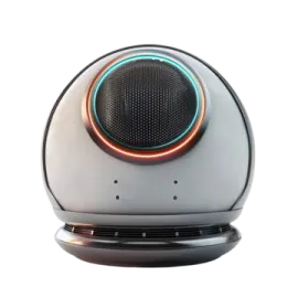 a speaker with a blue light on top