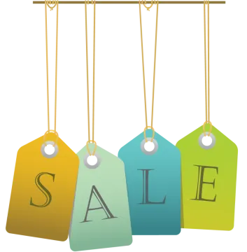 three tags with the word sale hanging on them
