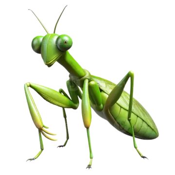 a green praying mantis on a white background