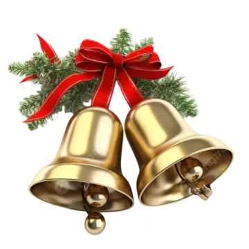 two golden bells with a red bow on top
