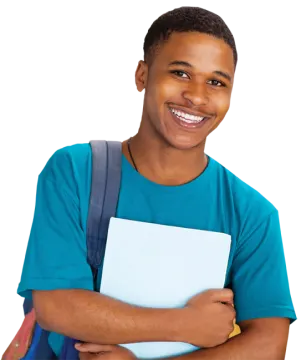 a young man with a backpack and a notebook smiling at the camera