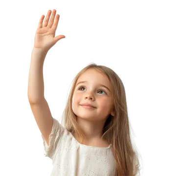 a little girl holding her hand up in the air