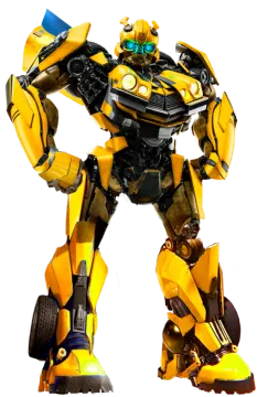a yellow and black robot standing in front of a white background