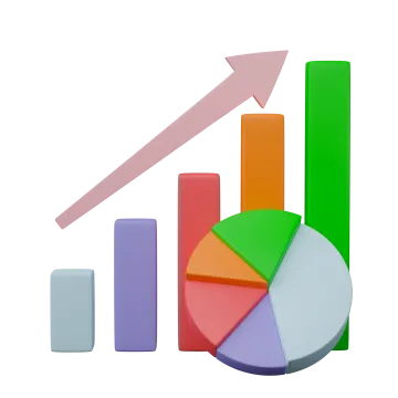 a pie chart with an arrow pointing upward