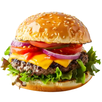 a hamburger with cheese, tomato and onions
