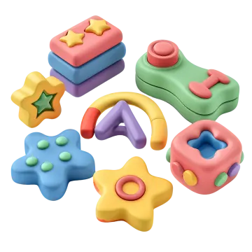 a set of colorful plastic toys on a white background