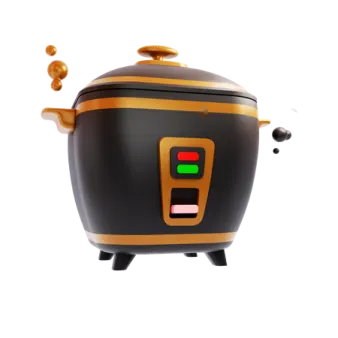an orange and black rice cooke with a green button