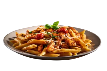 a plate of pasta with chicken and tomato sauce