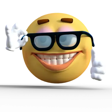 a yellow smiley wearing sunglasses and pointing at the camera