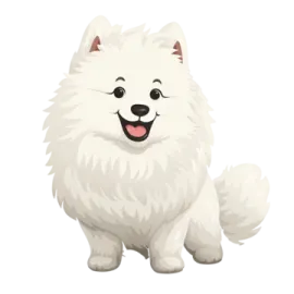 a white dog sitting down with its tongue out