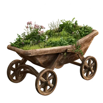 a wooden wheel with grass and flowers in it