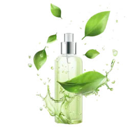 a bottle of green liquid with leaves flying out