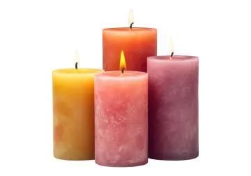 three different colored candles on white background