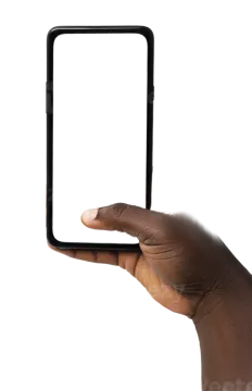 a hand holding a smart phone with a blank screen