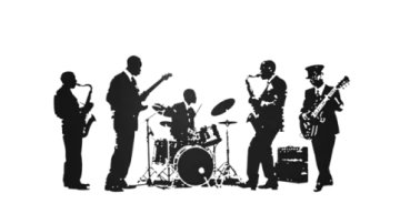 a black and white silhouette of three men playing instruments