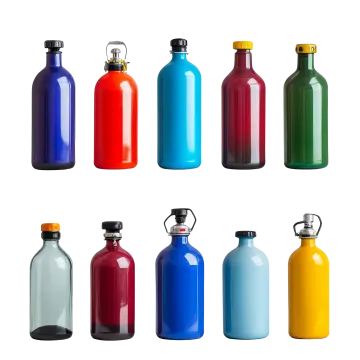 a variety of different colored water bottles