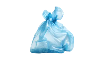 a blue trash bag on a white background