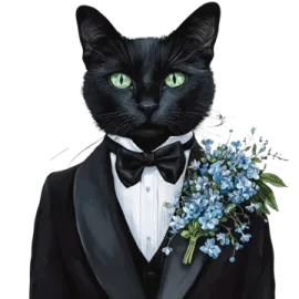 a black cat in a tuxed suit holding a bouquet of blue flowers