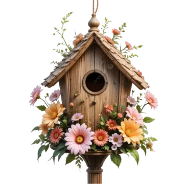a birdhouse with flowers and leaves