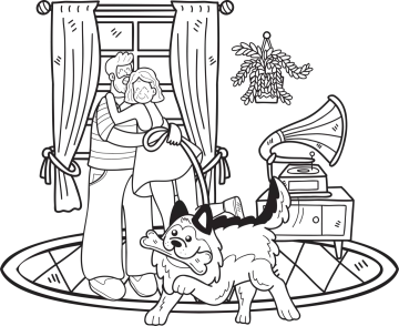 a black and white illustration of a woman playing with her dog