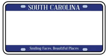 a blue license plate frame with the word south carolina