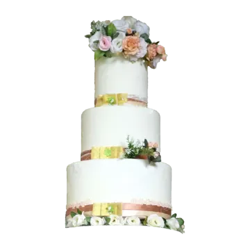a three tiered cake with flowers on top