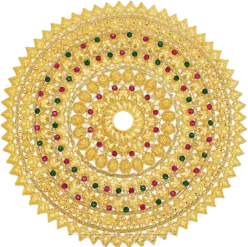 a gold necklace with emerald and ruby stones