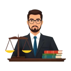 a man in a suit and tie sitting at a desk with a scale of justice on it