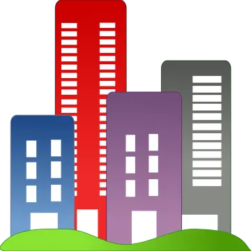two buildings with a green field in front