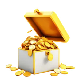 a white box filled with gold coins