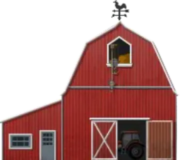 a red barn with a white door and windows