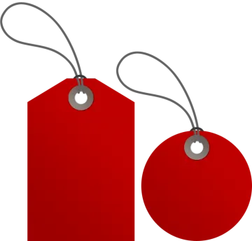 two red tags hanging on a white background
