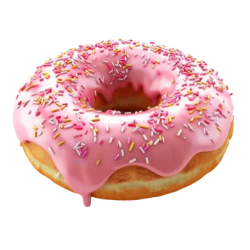 a donut with pink frosting and sprinng