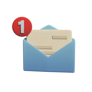 a blue envelope with a red button on it