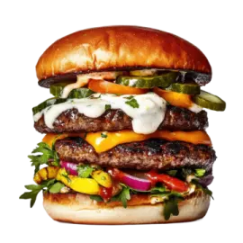 a hamburger with meat and vegetables on it