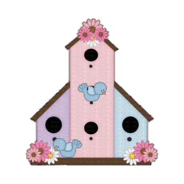a bird house with two birds and flowers