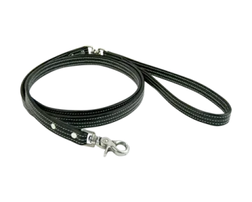 a black leather leash with a metal hook