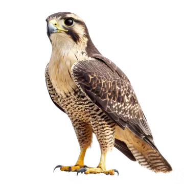 a brown and black hawk perched on a white background