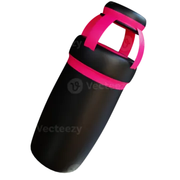 a black and pink water bottle on a white background