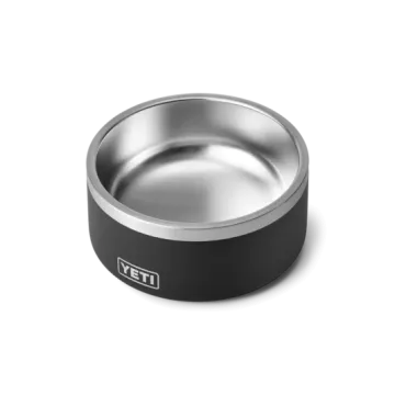 a stainless steel dog bowl with the lid open